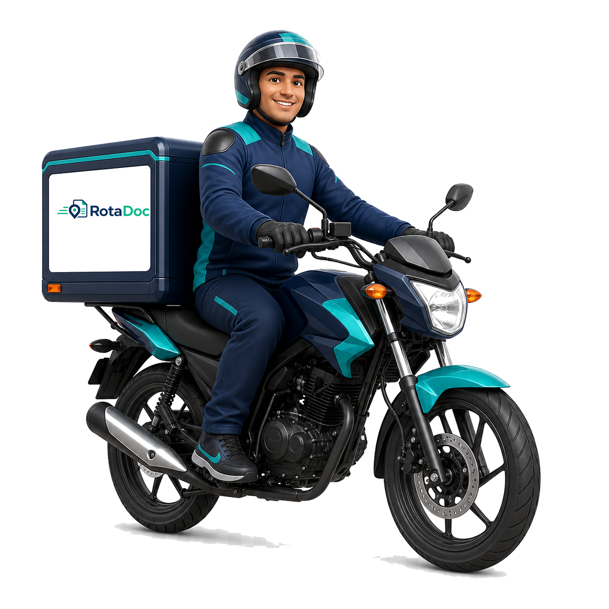 Mascote RotaDoc em moto com baú de entrega
