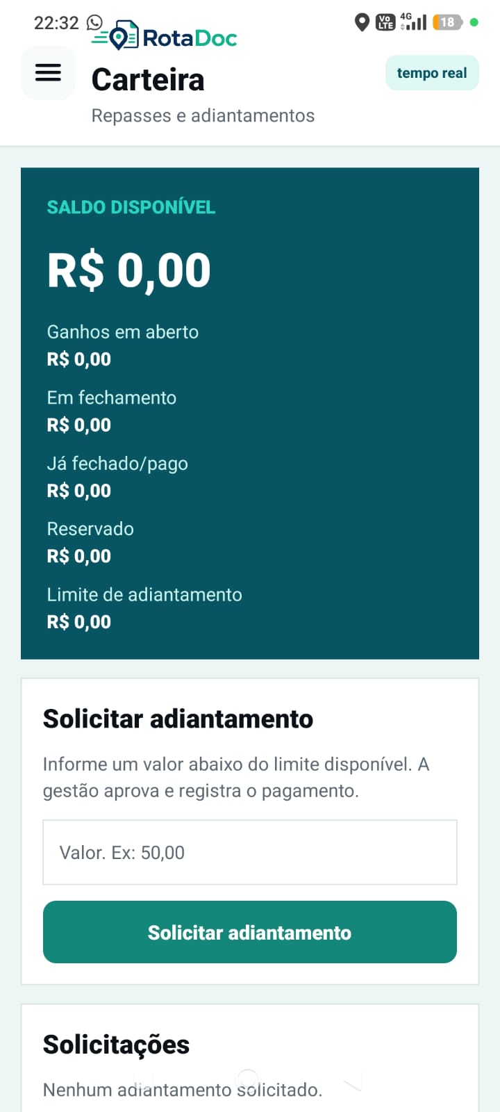 Carteira do motoboy com saldo e adiantamento