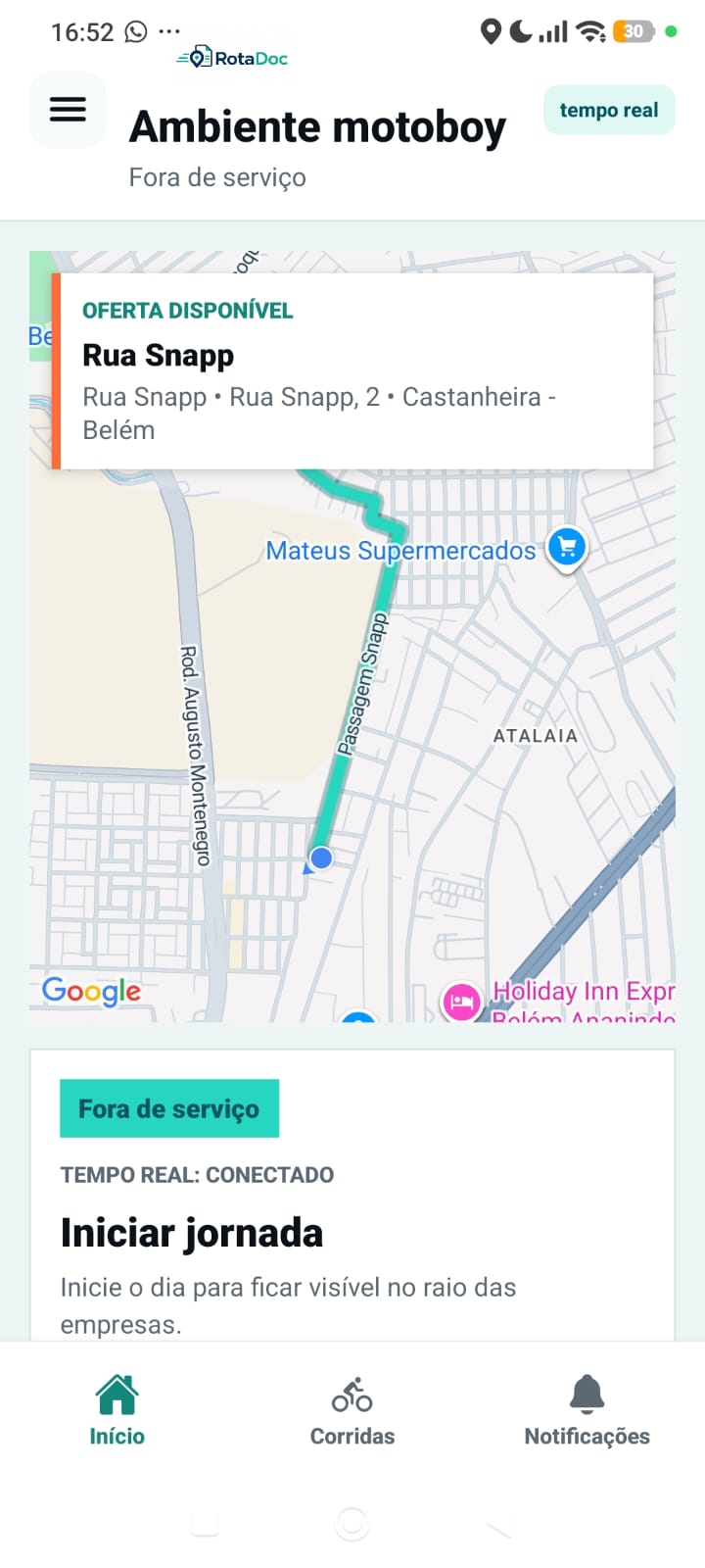 App do motoboy com oferta disponível e mapa