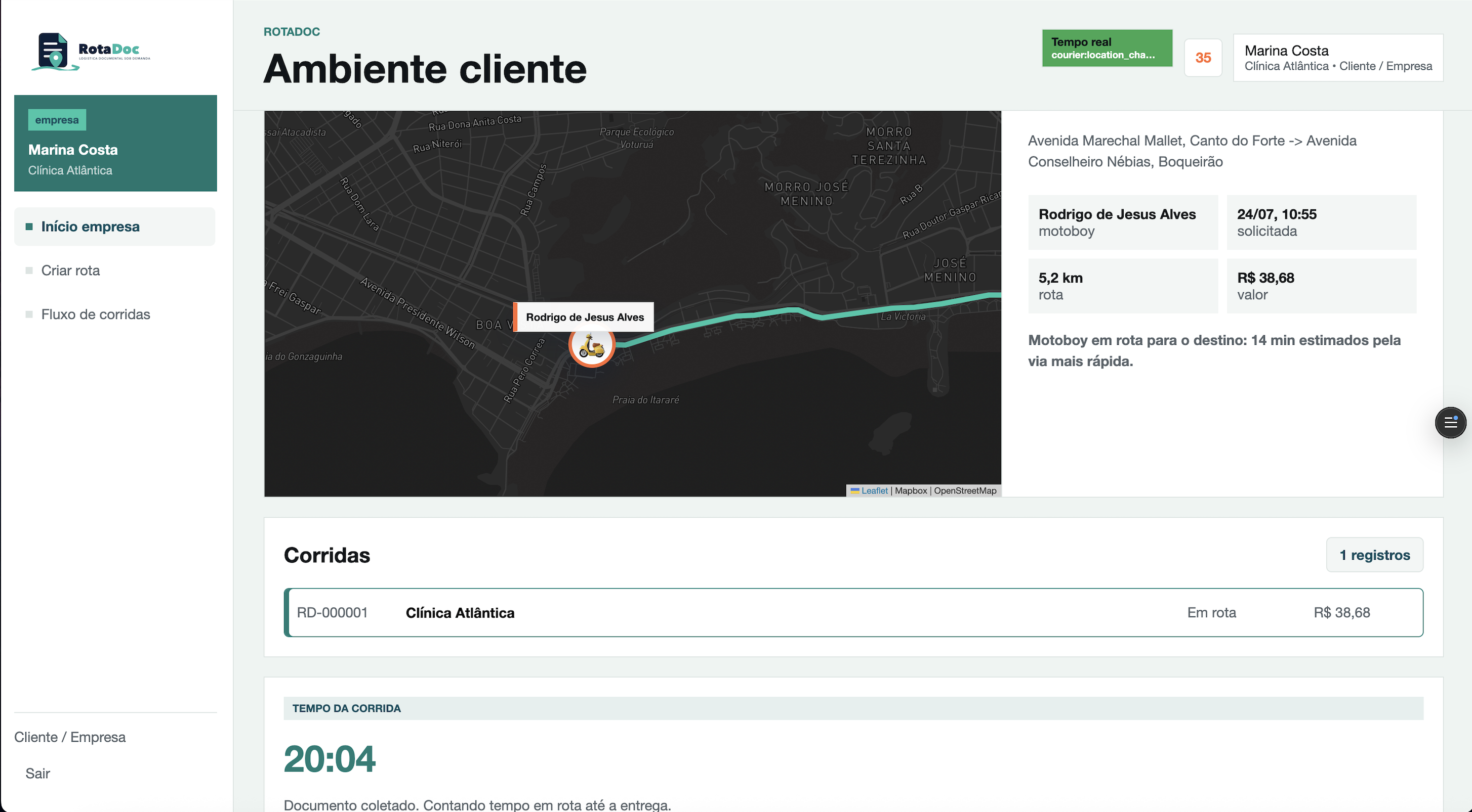Ambiente cliente com mapa, motoboy em rota e timer de corrida