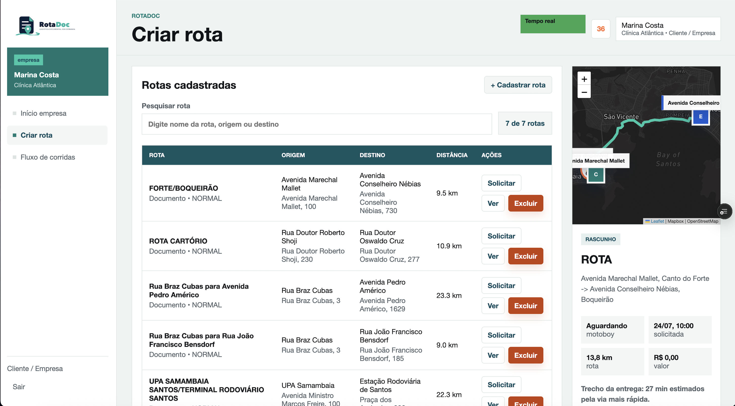 Tela de criação e gestão de rotas cadastradas